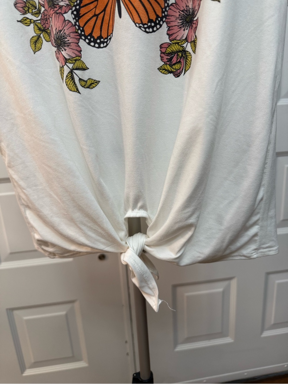 White Tie-Front Ringer Tee with Orange Butterfly and Pink Floral Print - Picture 3 of 5